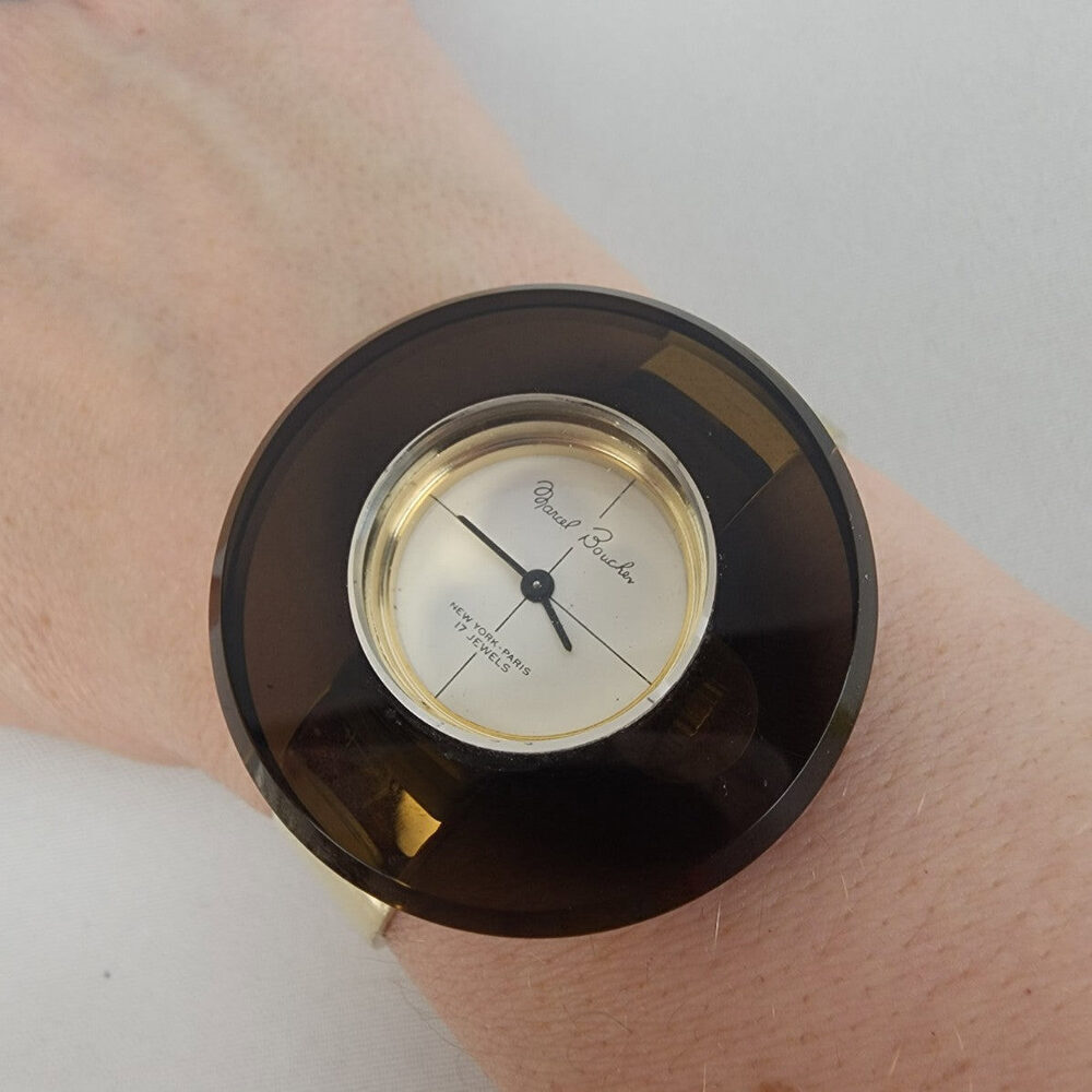 Vintage Marcel Boucher Brown Lucite 17 Jewels Gold Hinge Watch